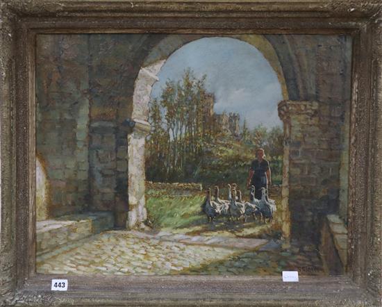 George Claeys (Belgian 1876-1966), oil on canvas, Goose girl entering an archway, signed, 48 x 62cm